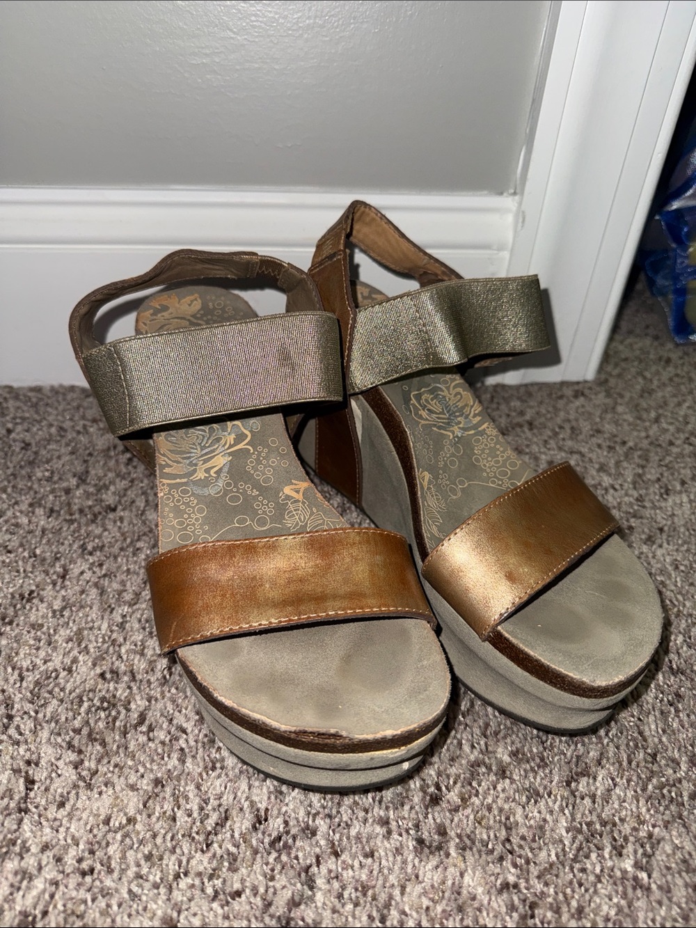 OTBT Two-Tone Brown and Metallic Wedge Sandals
